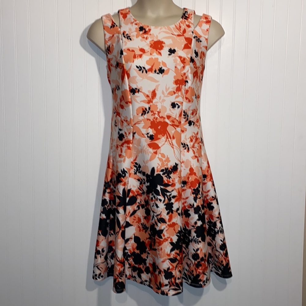 Scuba fit and flare peek a boo shoulder dress plus size floral print
